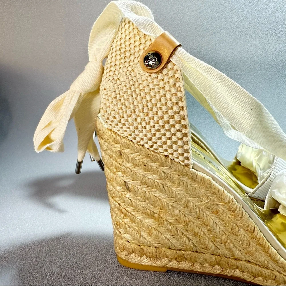 Donald J. Pliner New Elsa Cream and Gold Beaded Wedge Espadrille Sandles